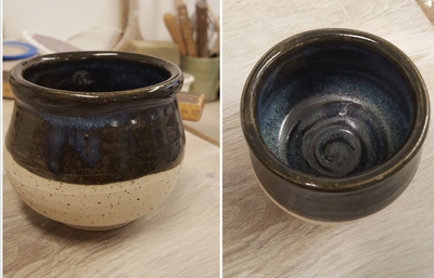 Keramik: lille krukke m lavapletter stentøj